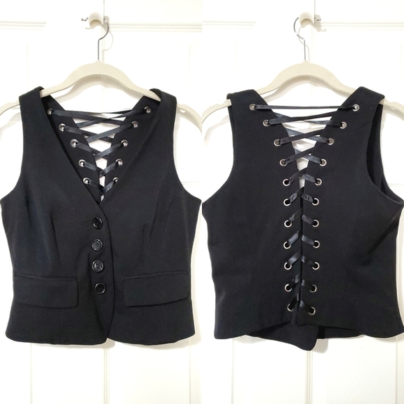 INC International Concepts back lace up corset button vest black 4P 4 petite - Picture 1 of 13